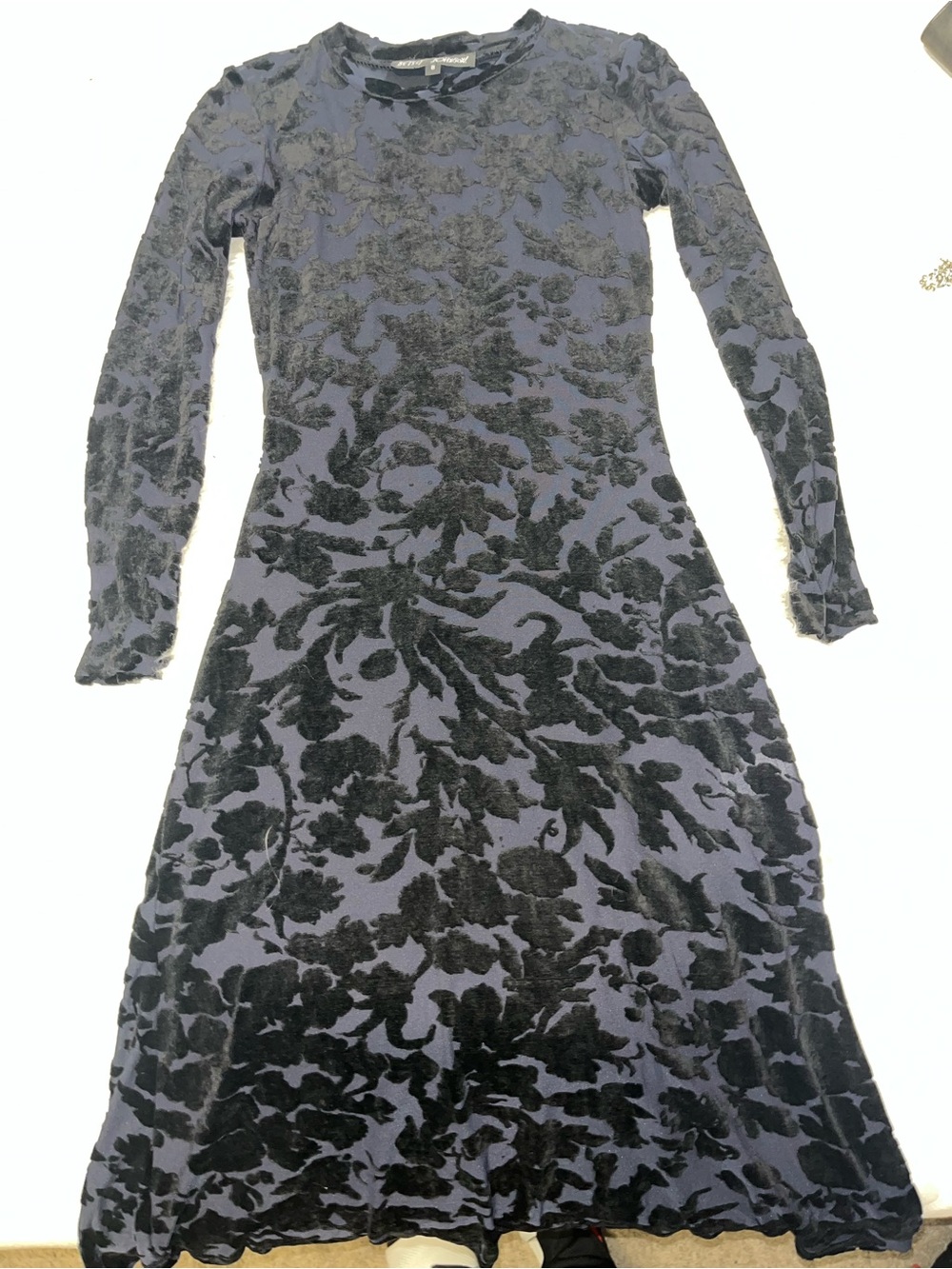 Betsey Johnson Navy and Black Burnout Velvet Long Sleeve Dress
